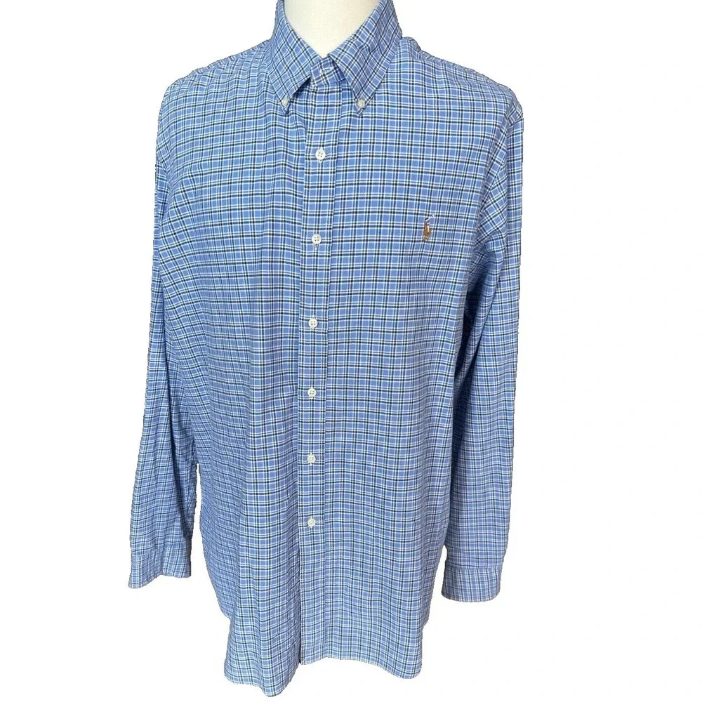 Ralph Lauren Blue White Plaid Long‎ Sleeve Button Down Shirt Cotton Mens XXL